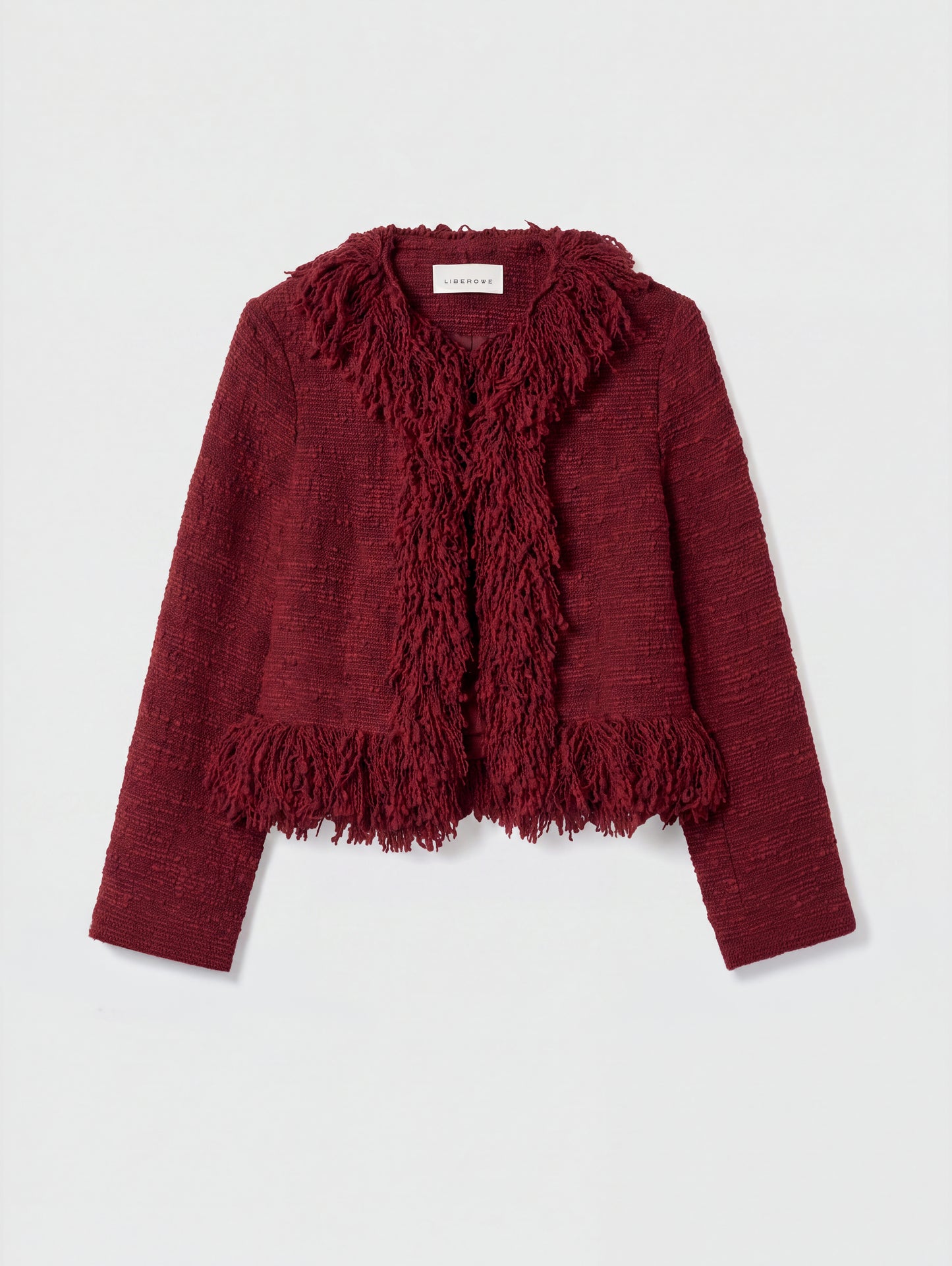 CROPPED FRINGE JACKET IN BERRY RED