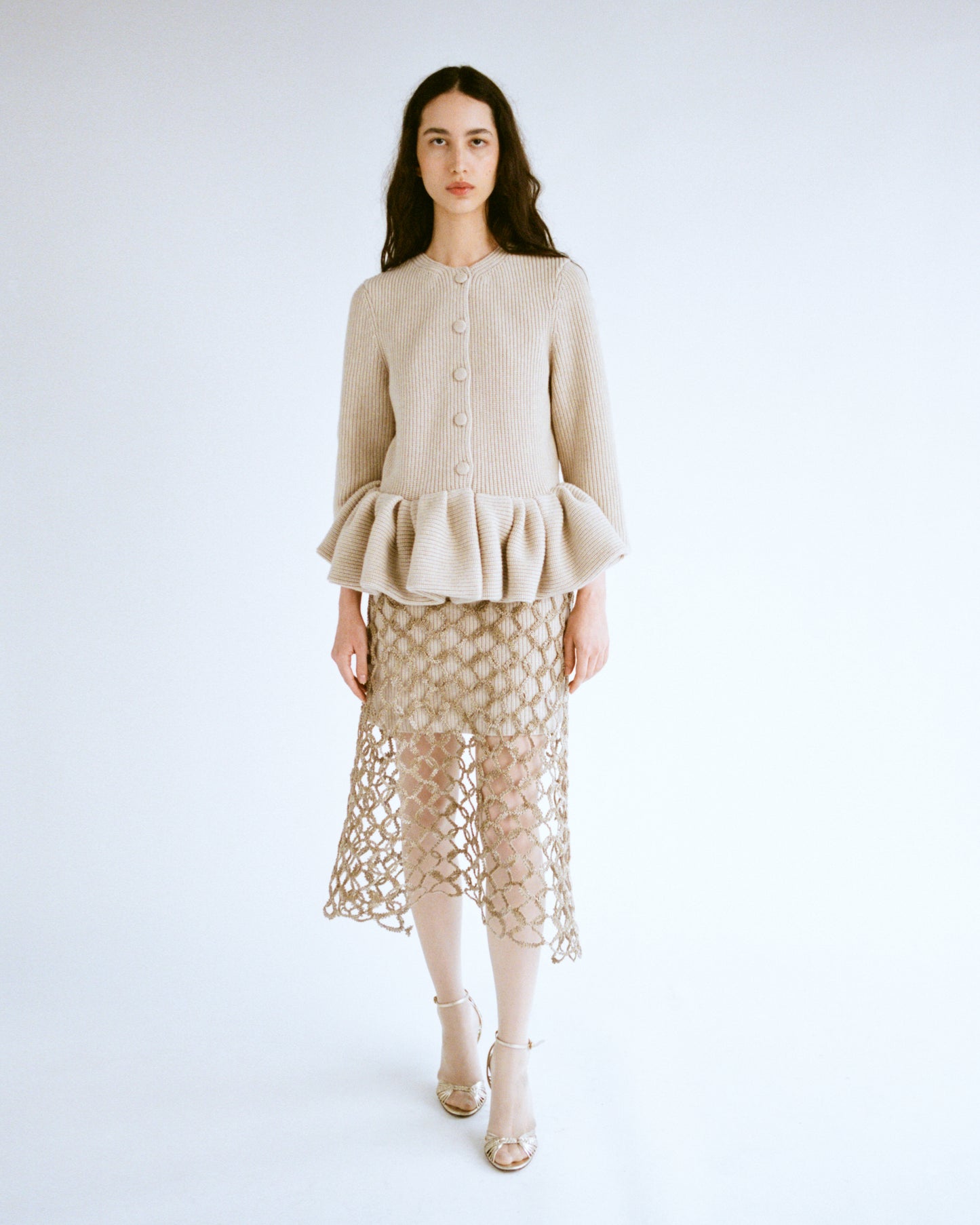 BEIGE PEPLUM KNITTED CARDIGAN