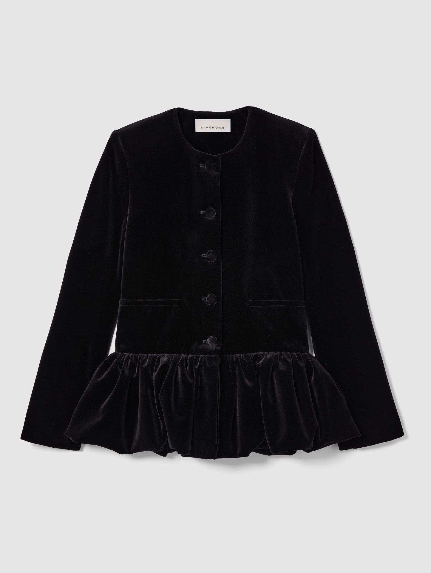 VELVET PEPLUM JACKET IN MIDNIGHT BLACK