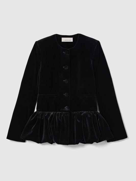 VELVET PEPLUM JACKET IN MIDNIGHT BLACK