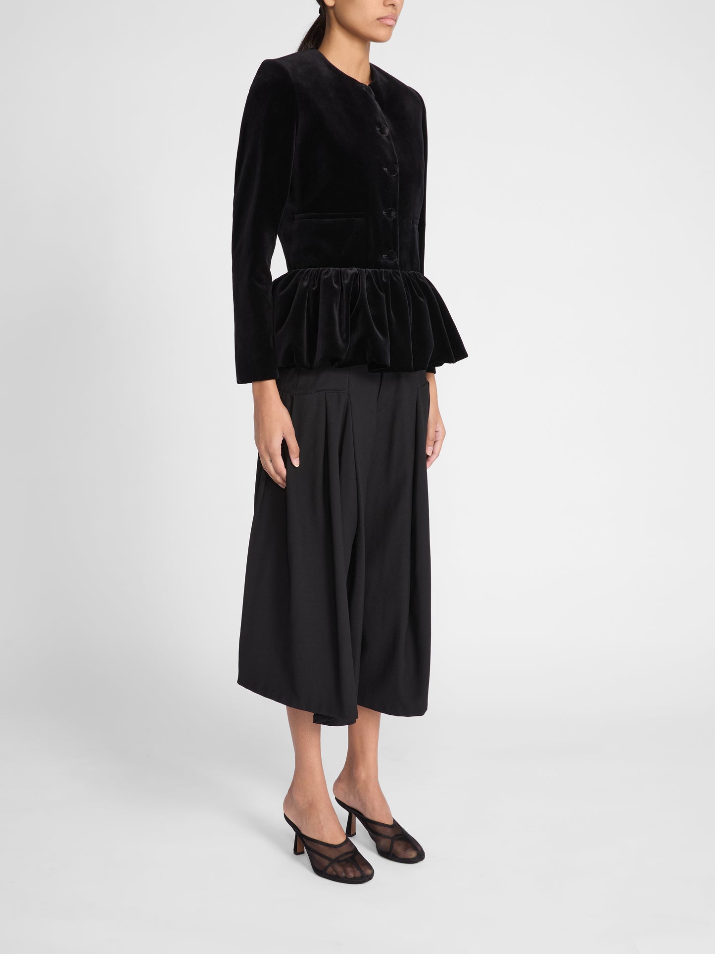 VELVET PEPLUM JACKET IN MIDNIGHT BLACK