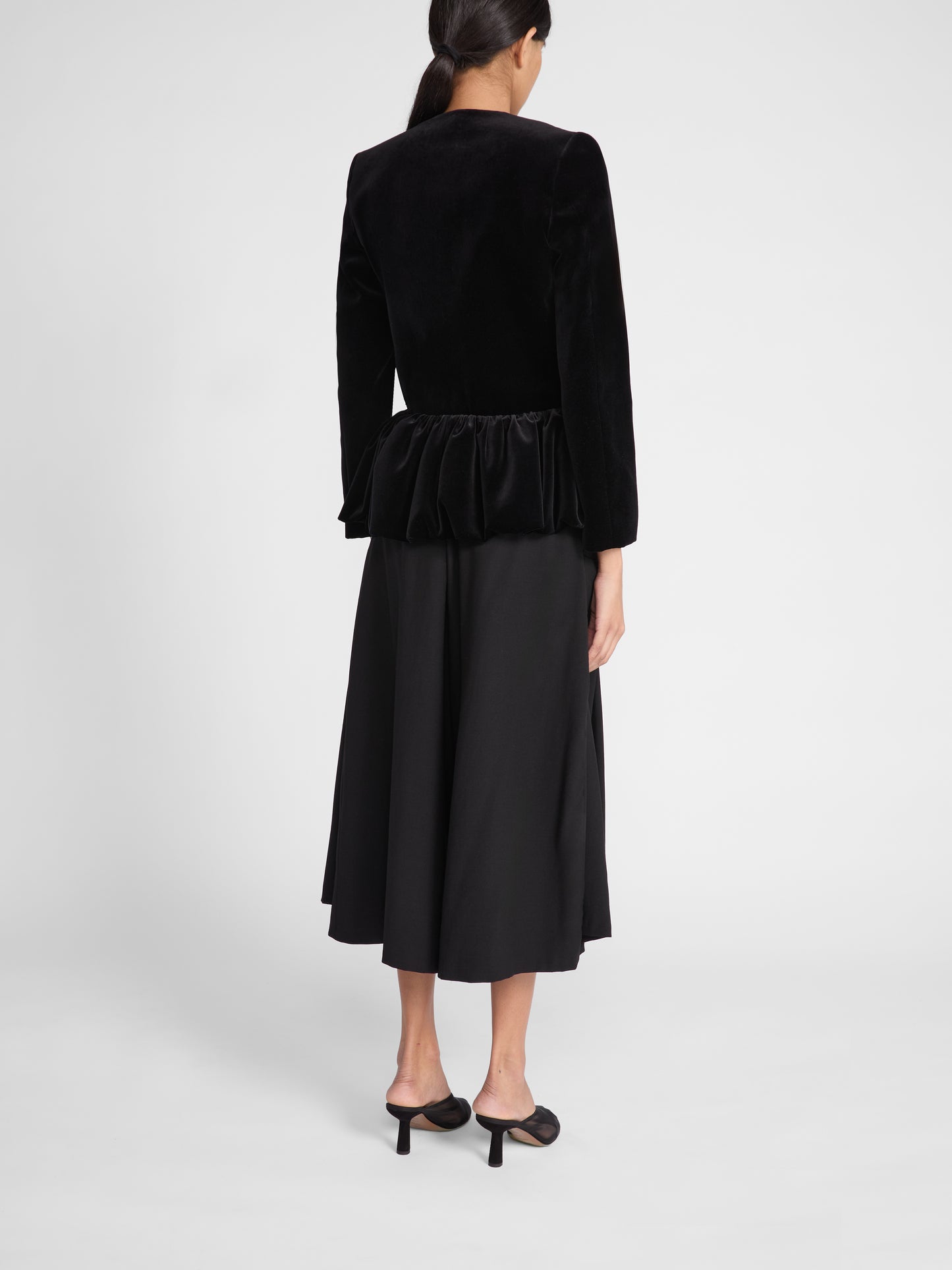 VELVET PEPLUM JACKET IN MIDNIGHT BLACK