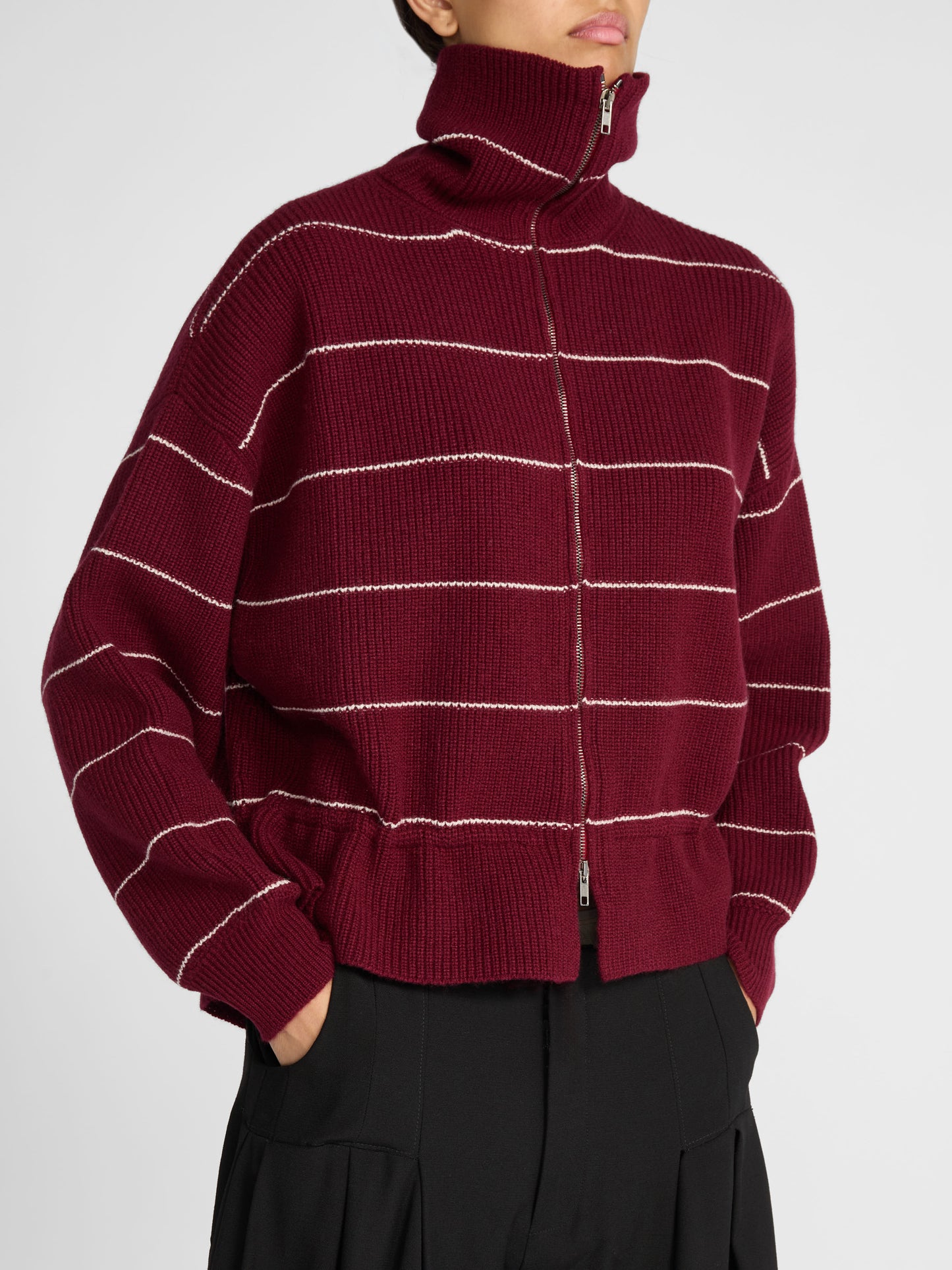 ETHEL CASHMERE CARDIGAN IN BORDEAUX STRIPE