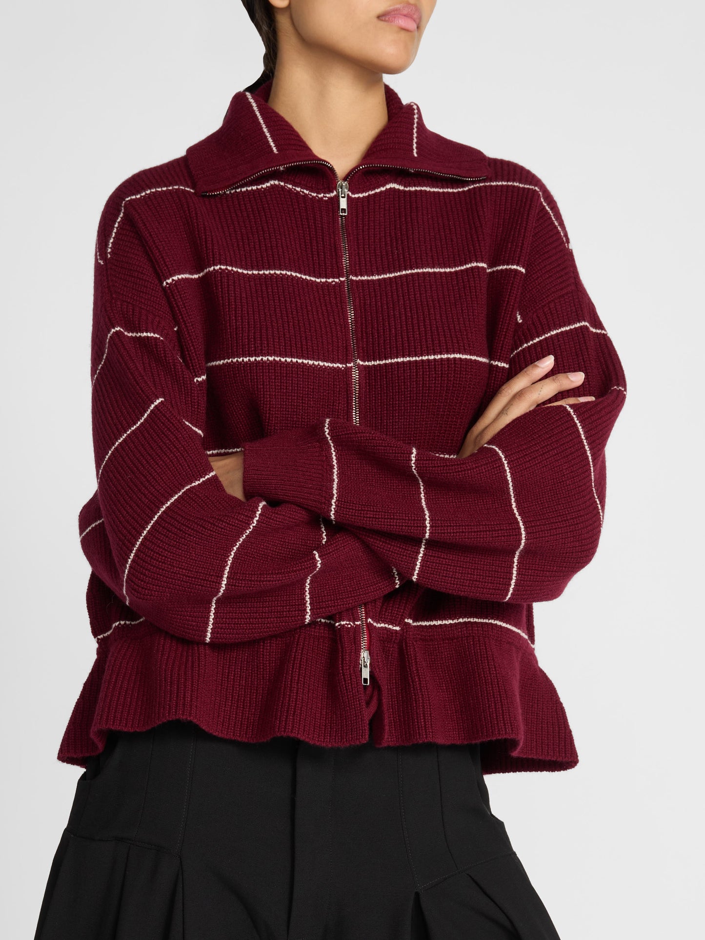 ETHEL CASHMERE CARDIGAN IN BORDEAUX STRIPE