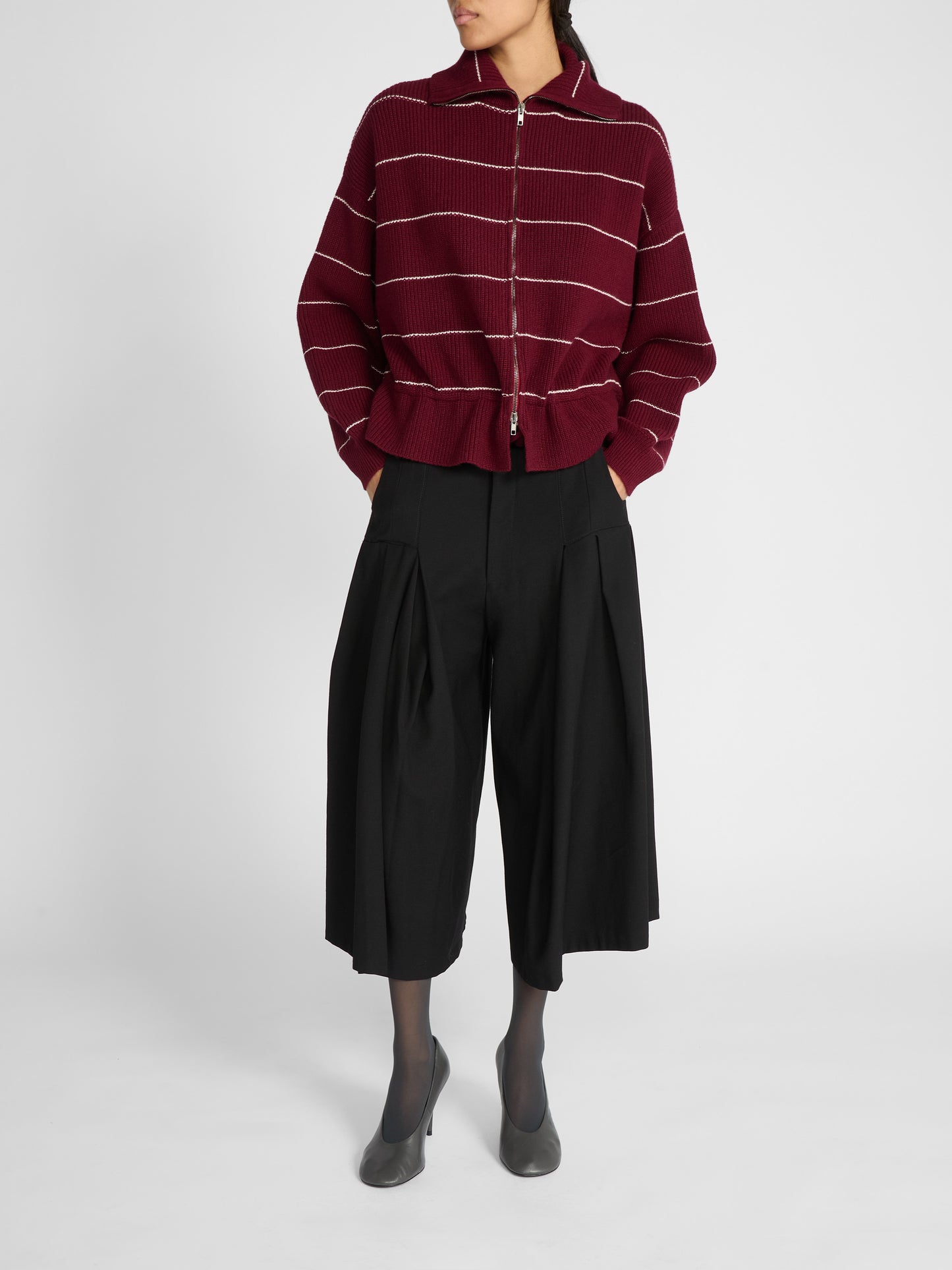 ETHEL CASHMERE CARDIGAN IN BORDEAUX STRIPE