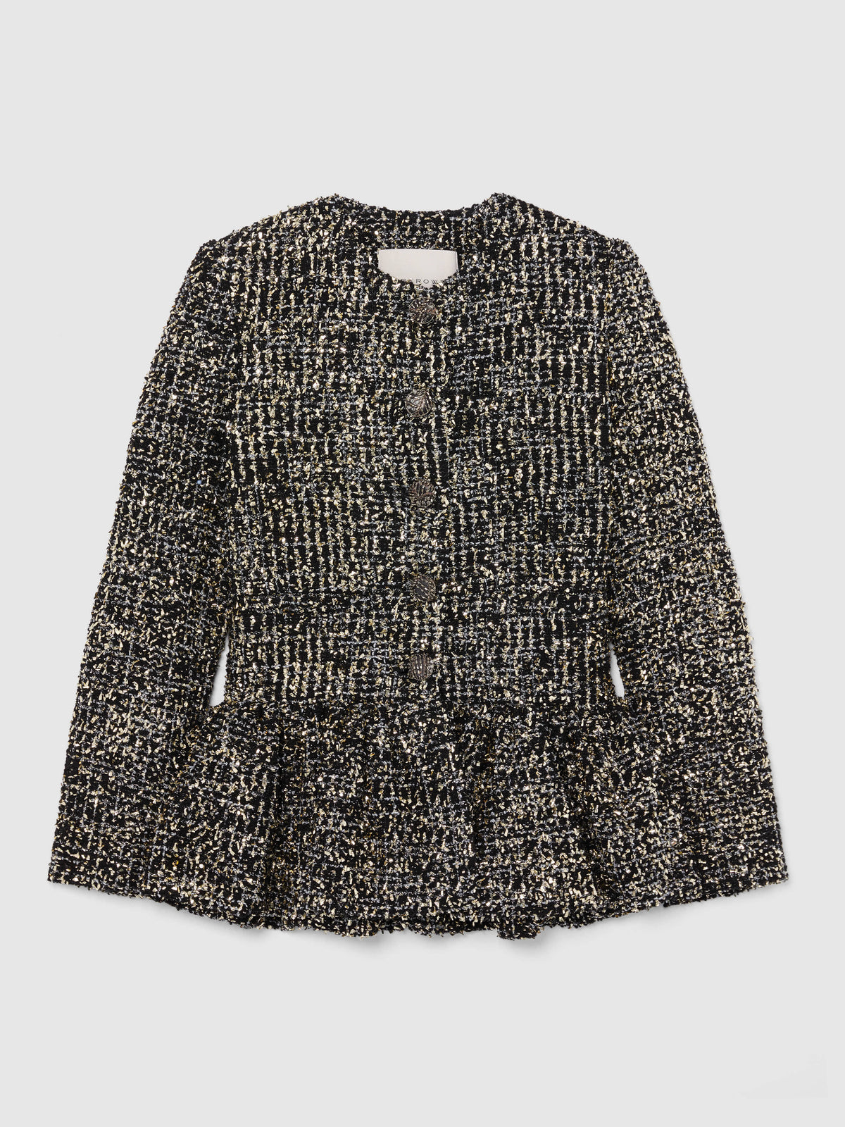 Black wool tweed jacket with Nehru collar and four flap pockets, Liberowe