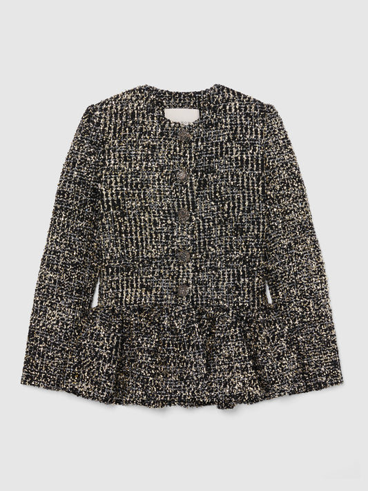 Black wool tweed jacket with Nehru collar and four flap pockets, Liberowe