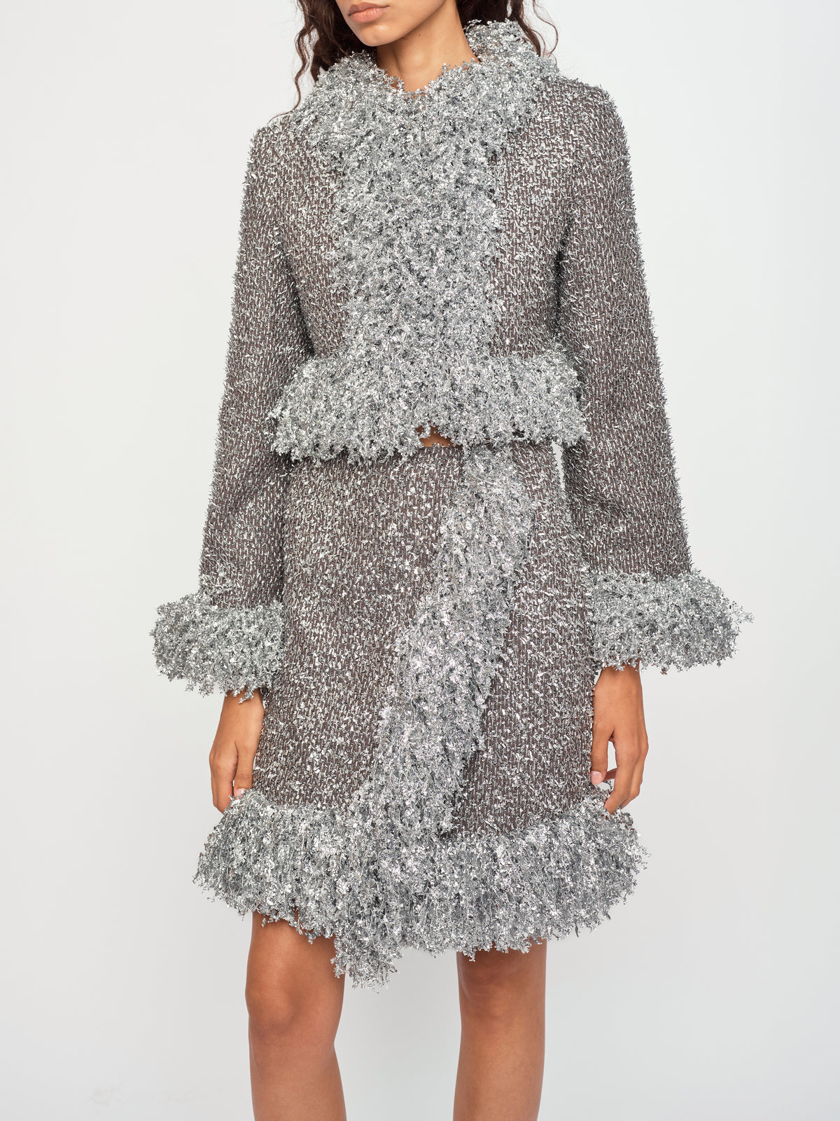 SILVER METALLIC CROPPED FRINGE JACKET