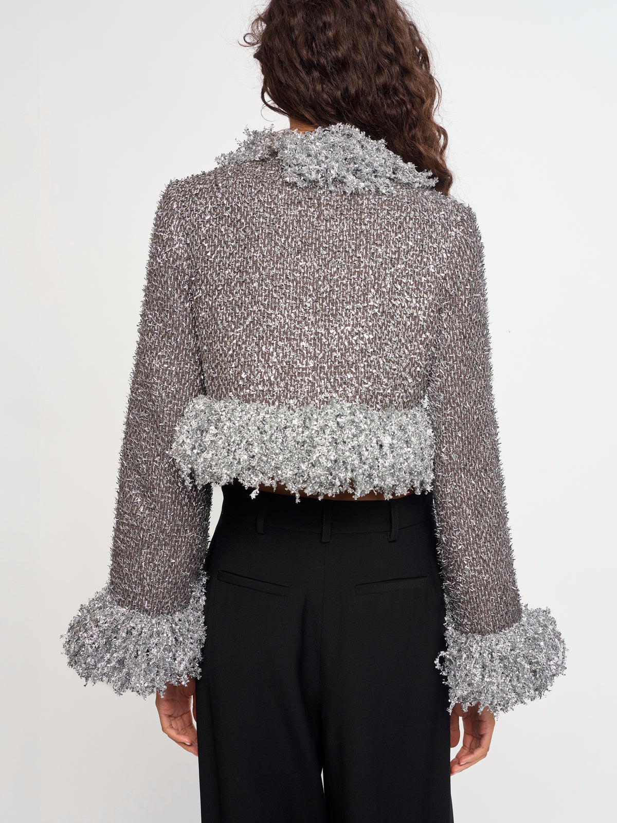SILVER METALLIC CROPPED FRINGE JACKET