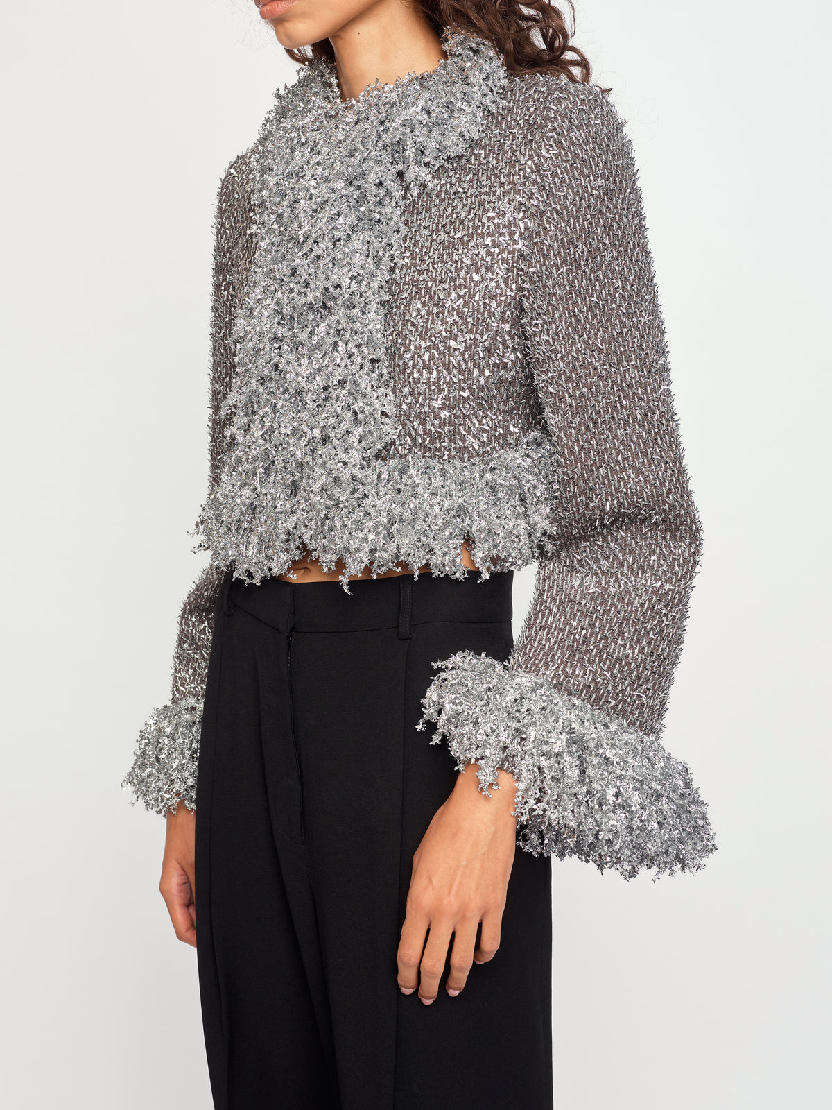 SILVER METALLIC CROPPED FRINGE JACKET