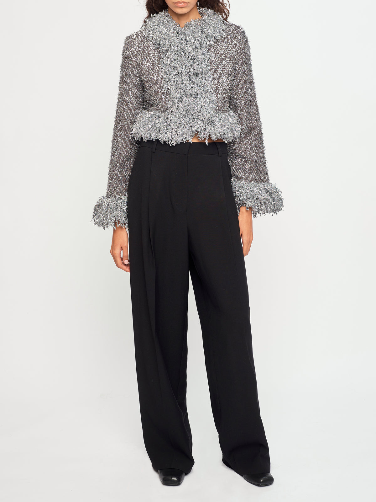 SILVER METALLIC CROPPED FRINGE JACKET