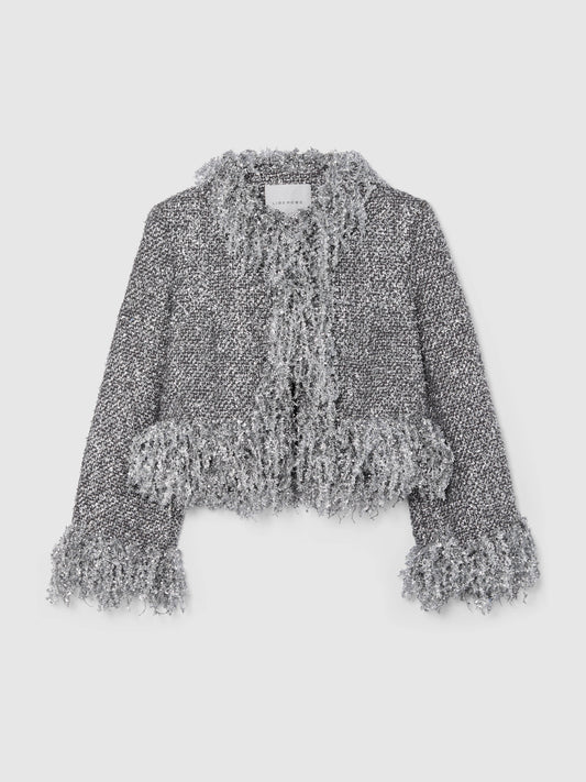 SILVER METALLIC CROPPED FRINGE JACKET
