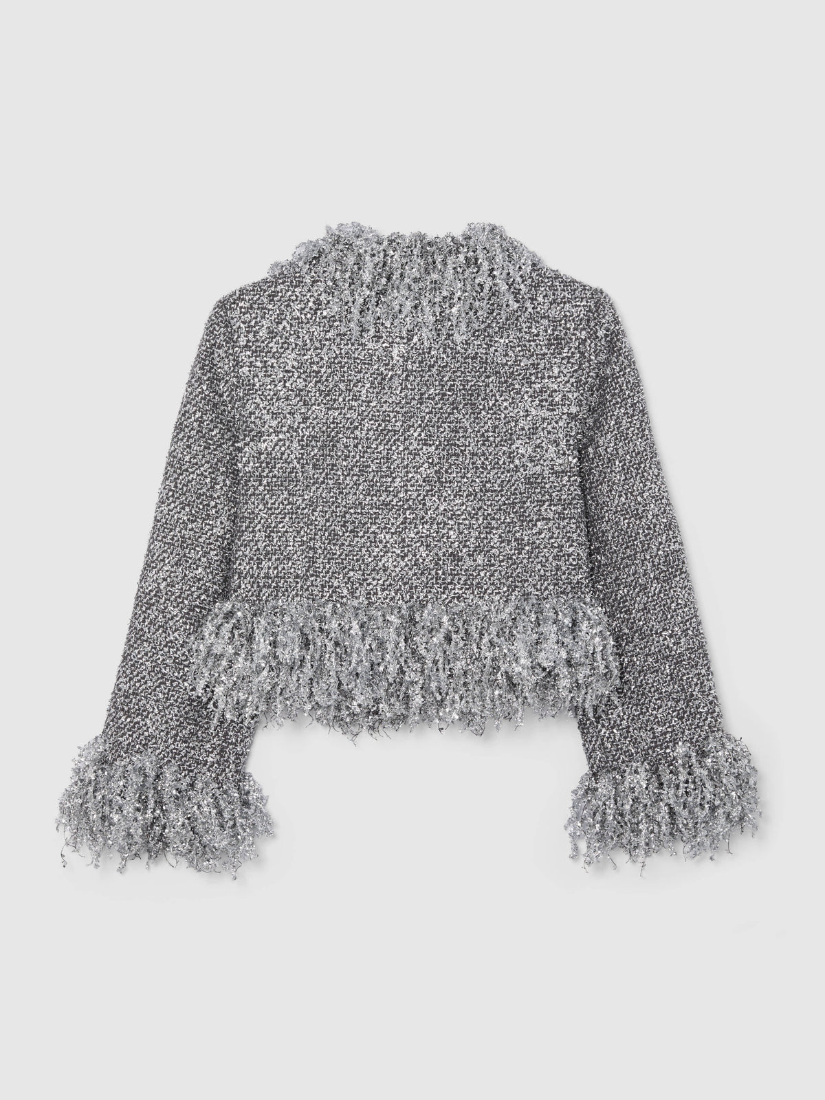SILVER METALLIC CROPPED FRINGE JACKET