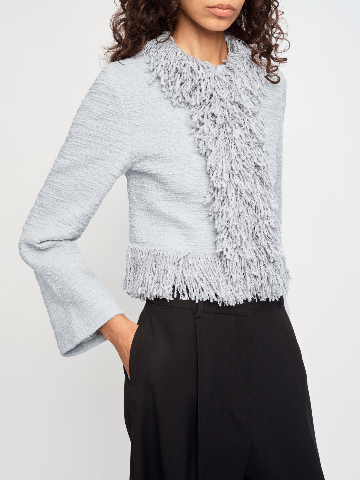 CROPPED FRINGE JACKET IN ICE BLUE