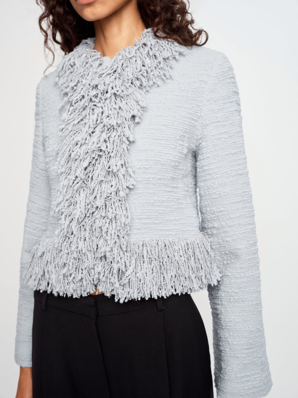 CROPPED FRINGE JACKET IN ICE BLUE
