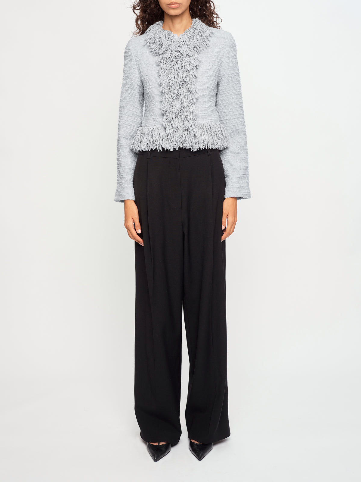 CROPPED FRINGE JACKET IN ICE BLUE