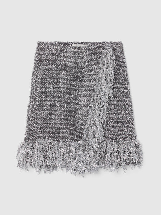 PRE-ORDER/ SILVER METALLIC FRINGE SKIRT