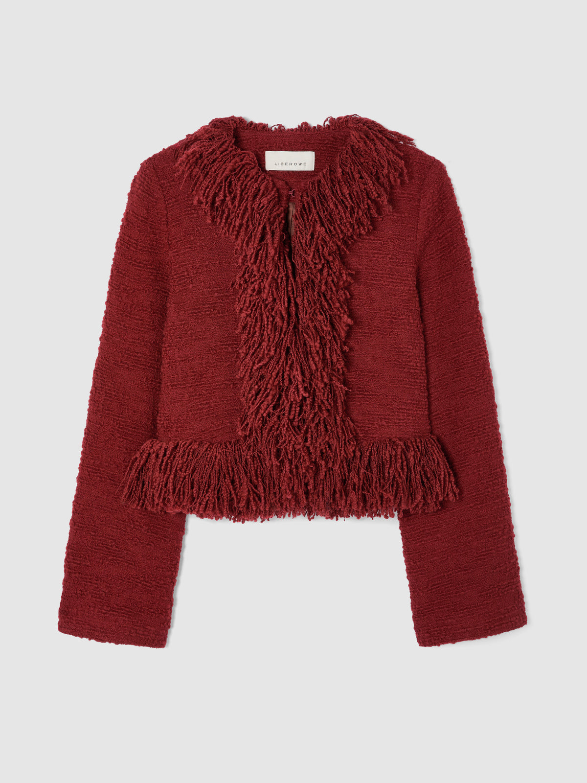 CROPPED FRINGE JACKET IN BERRY RED