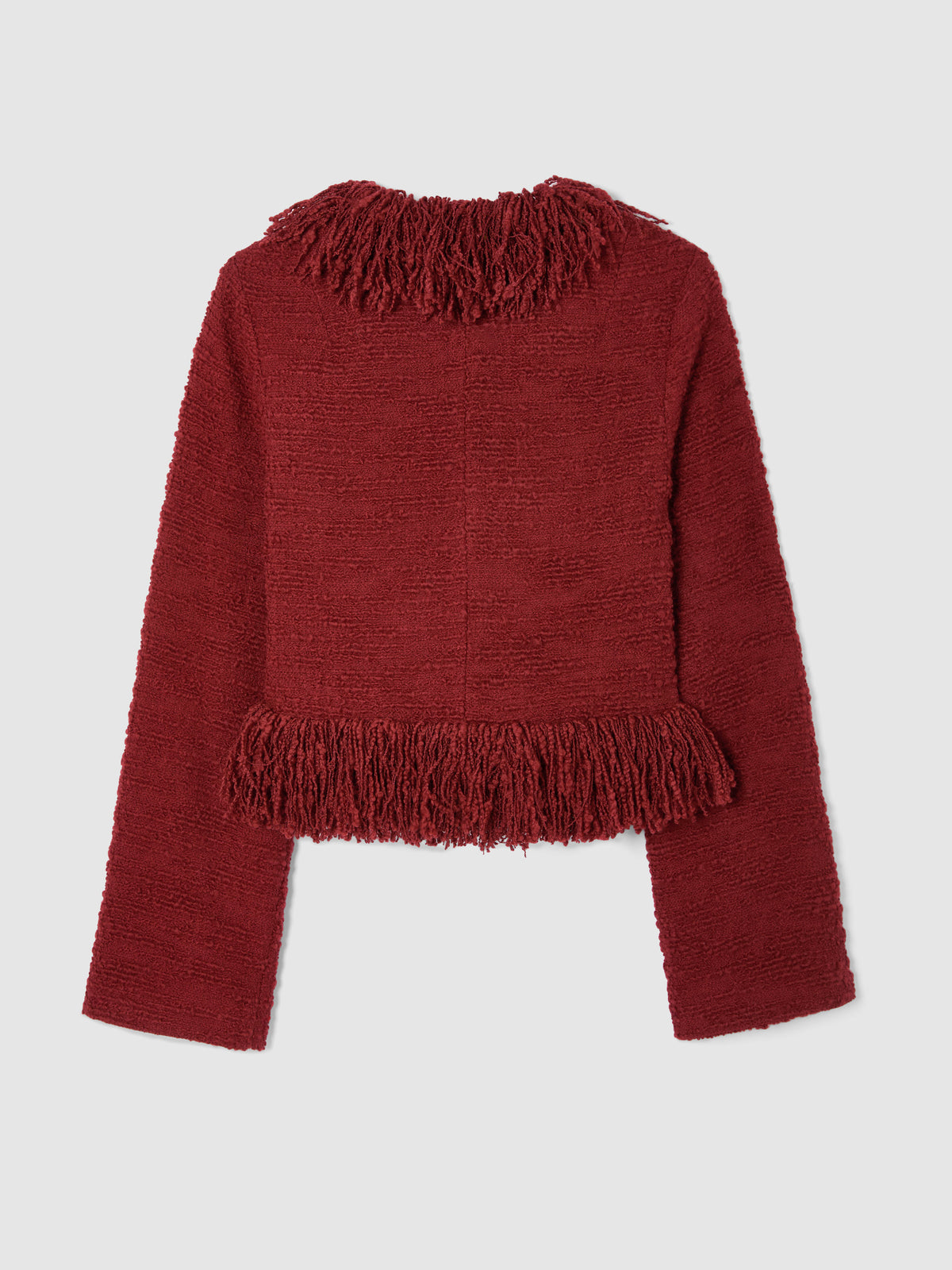 CROPPED FRINGE JACKET IN BERRY RED