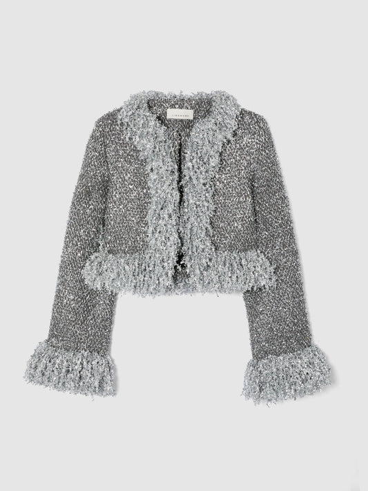 SILVER METALLIC CROPPED FRINGE JACKET