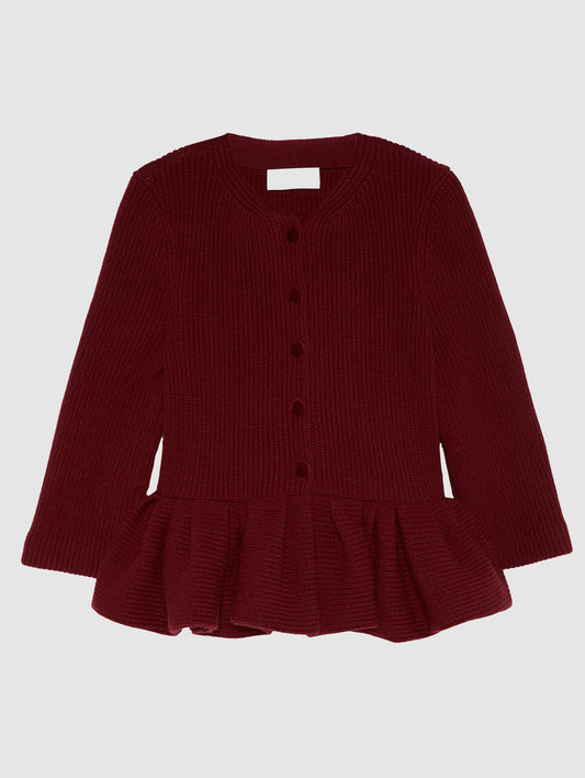 BURGUNDY PEPLUM CASHMERE CARDIGAN