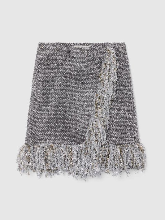 PRE-ORDER/ SILVER METALLIC FRINGE MINI SKIRT