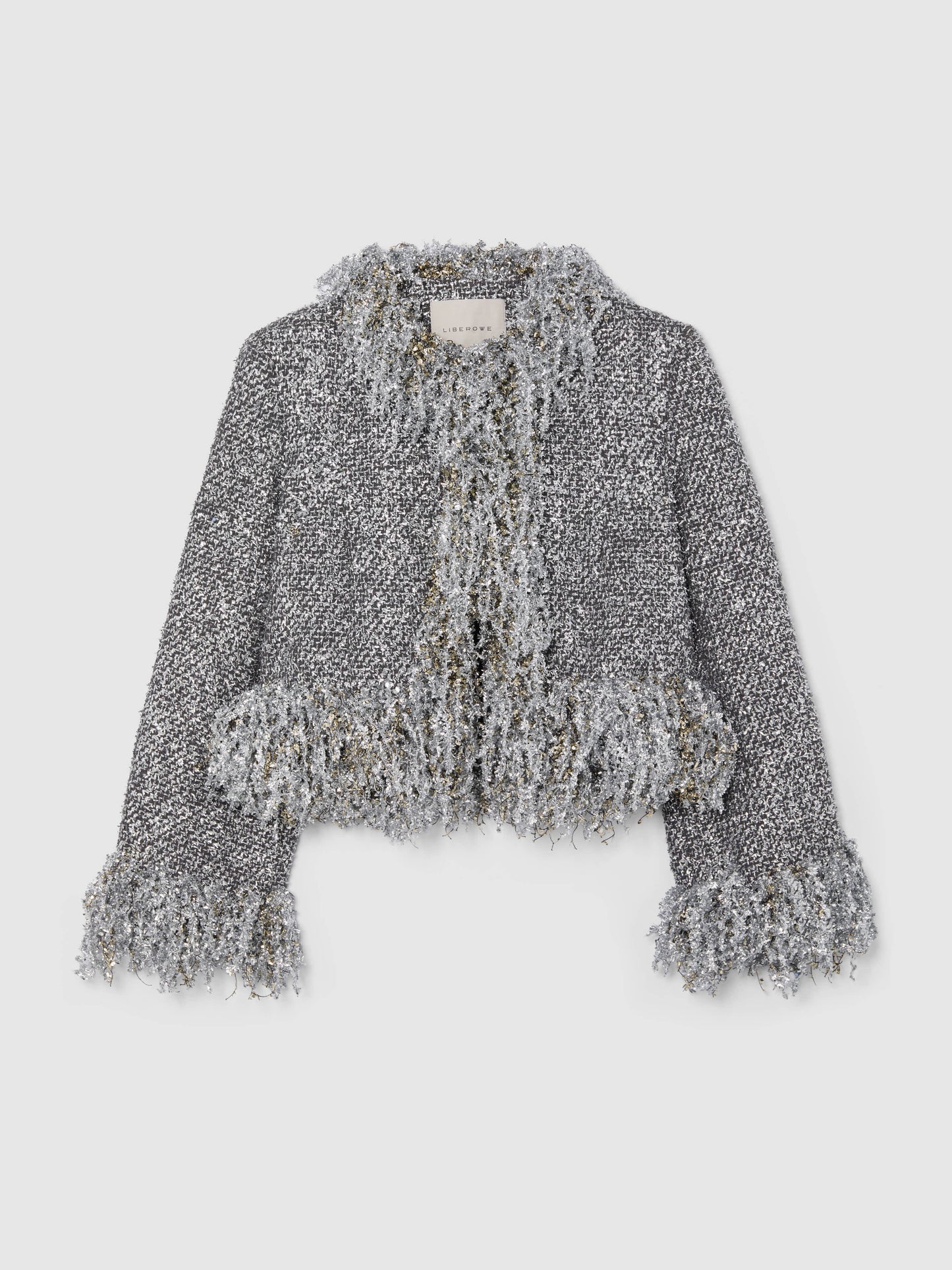 PRE-ORDER/ SILVER METALLIC CROPPED FRINGE JACKET
