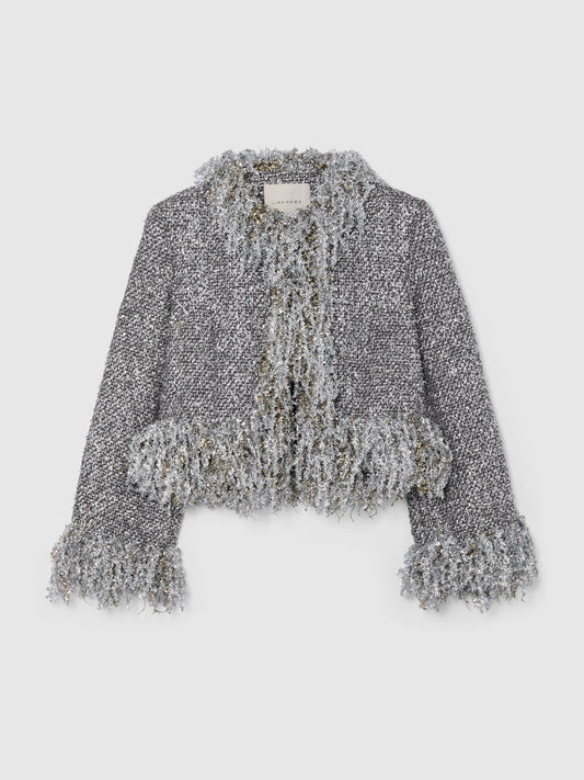 PRE-ORDER/ SILVER METALLIC CROPPED FRINGE JACKET