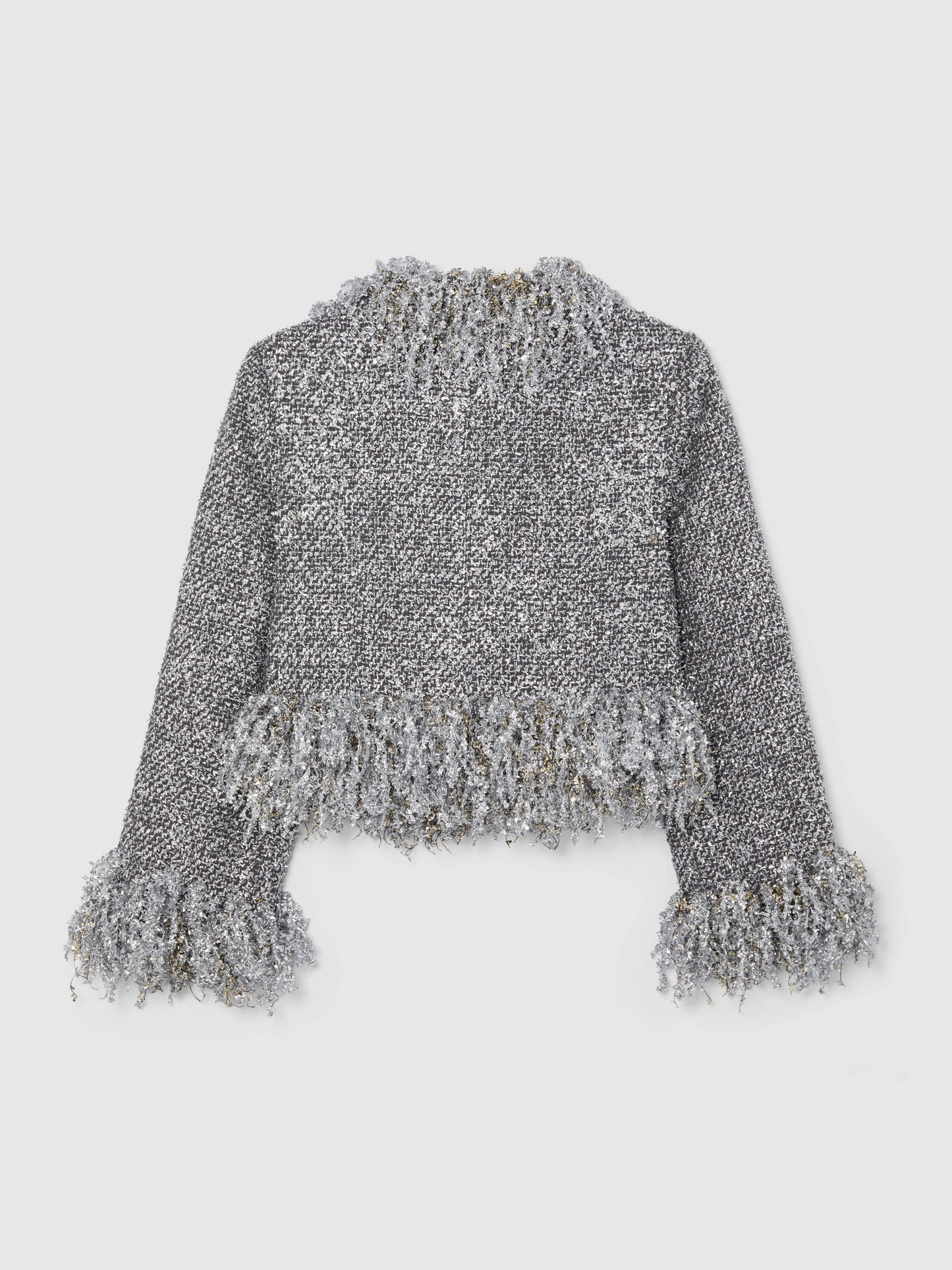 PRE-ORDER/ SILVER METALLIC CROPPED FRINGE JACKET