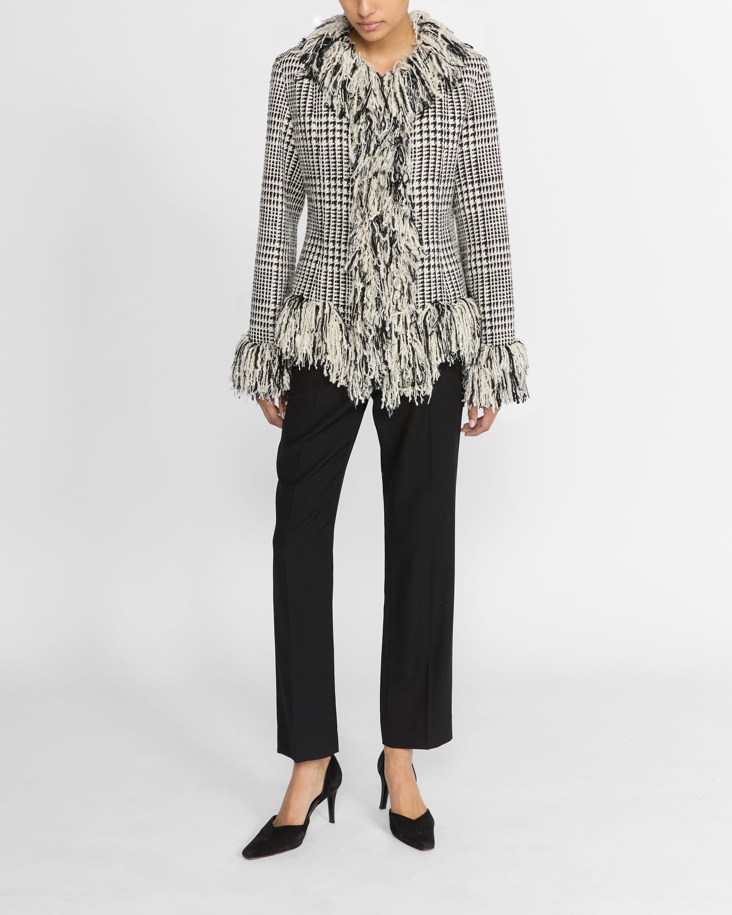 CHECK FRINGE TWEED JACKET