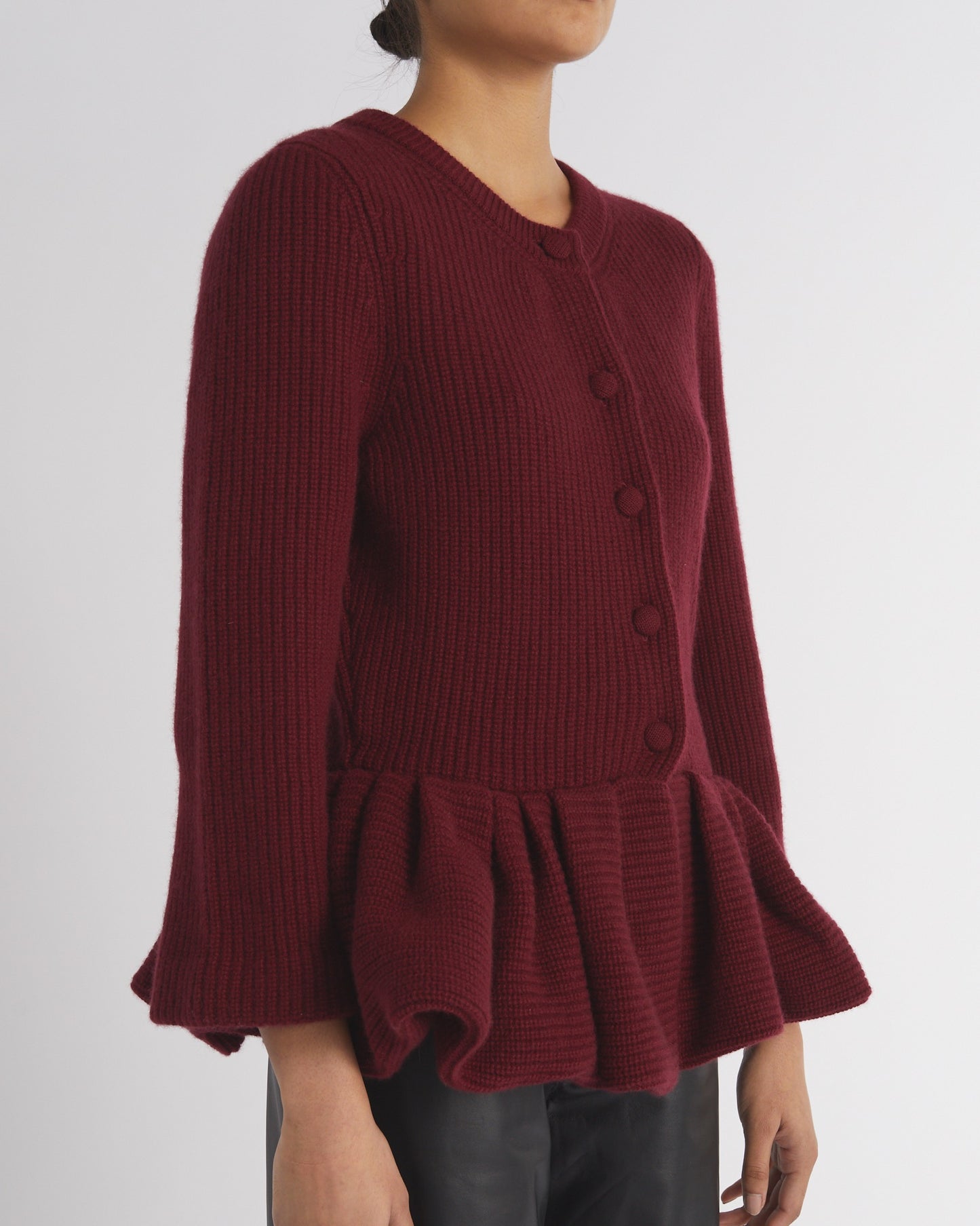 BURGUNDY PEPLUM KNITTED CARDIGAN