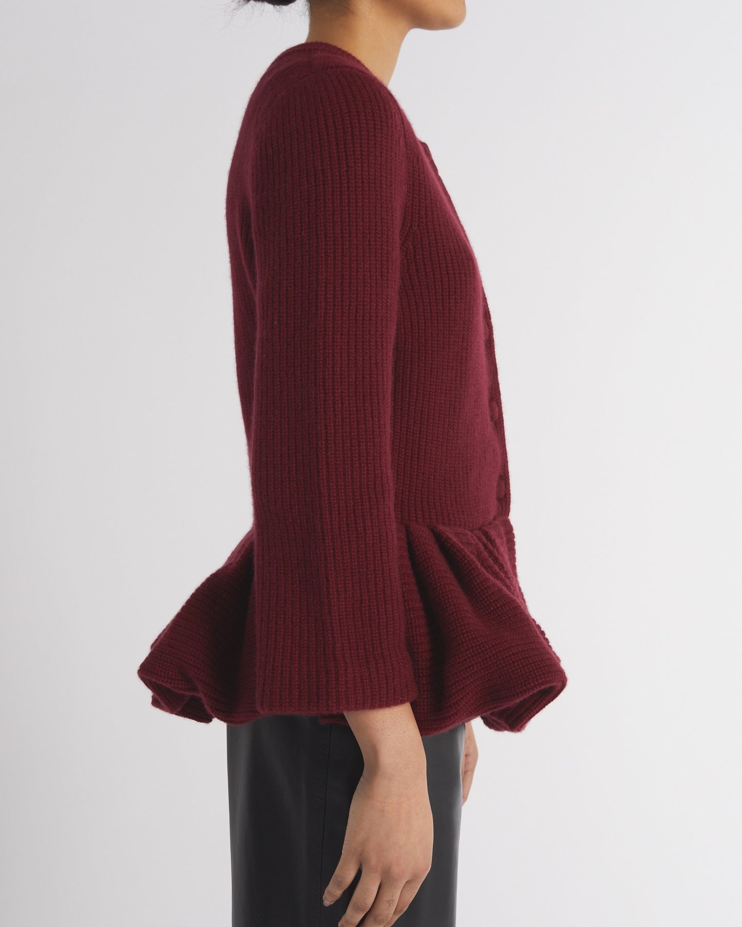 BURGUNDY PEPLUM KNITTED CARDIGAN