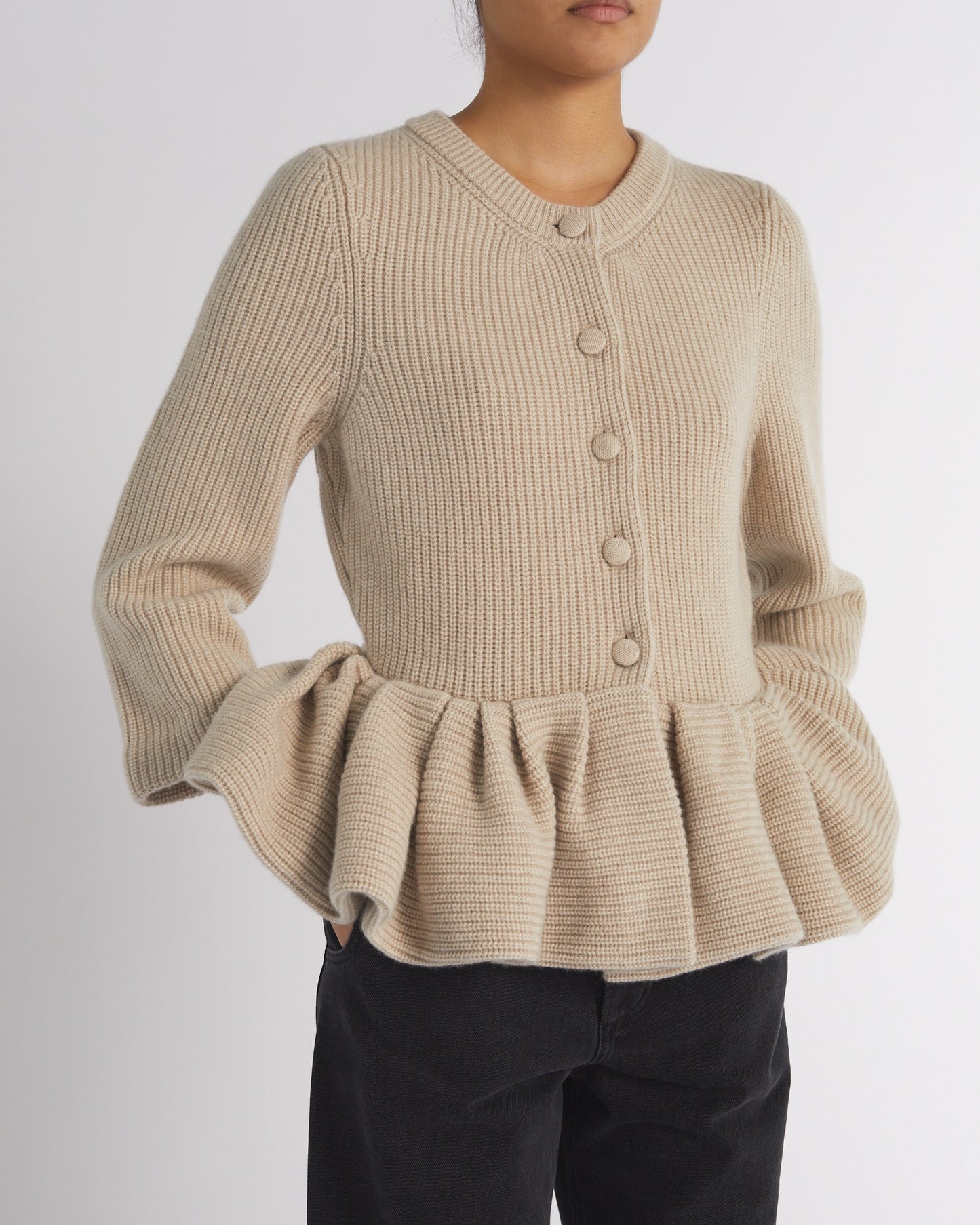 BEIGE PEPLUM KNITTED CARDIGAN