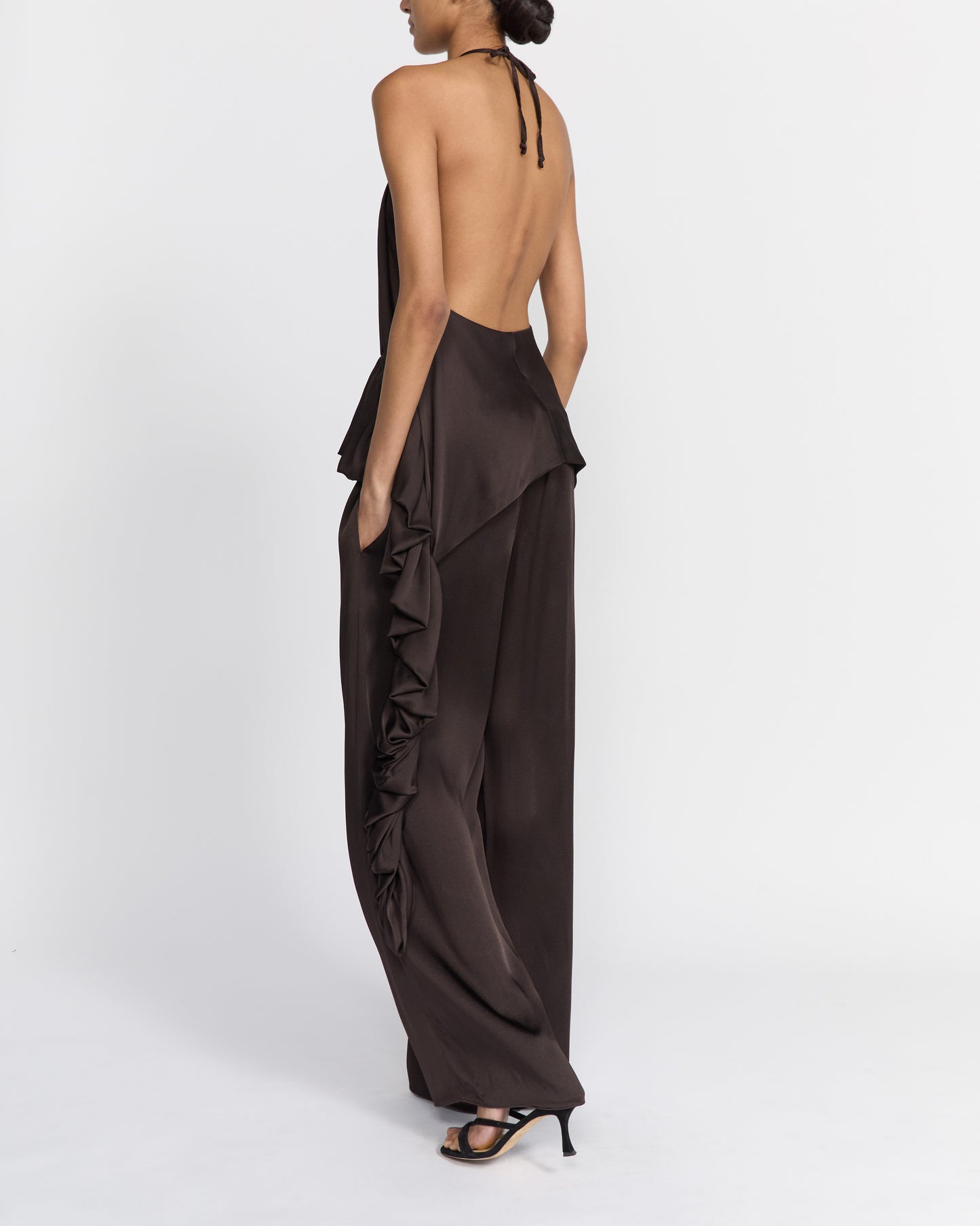 TAMARA PEPLUM TOP CHOCOLATE SATIN