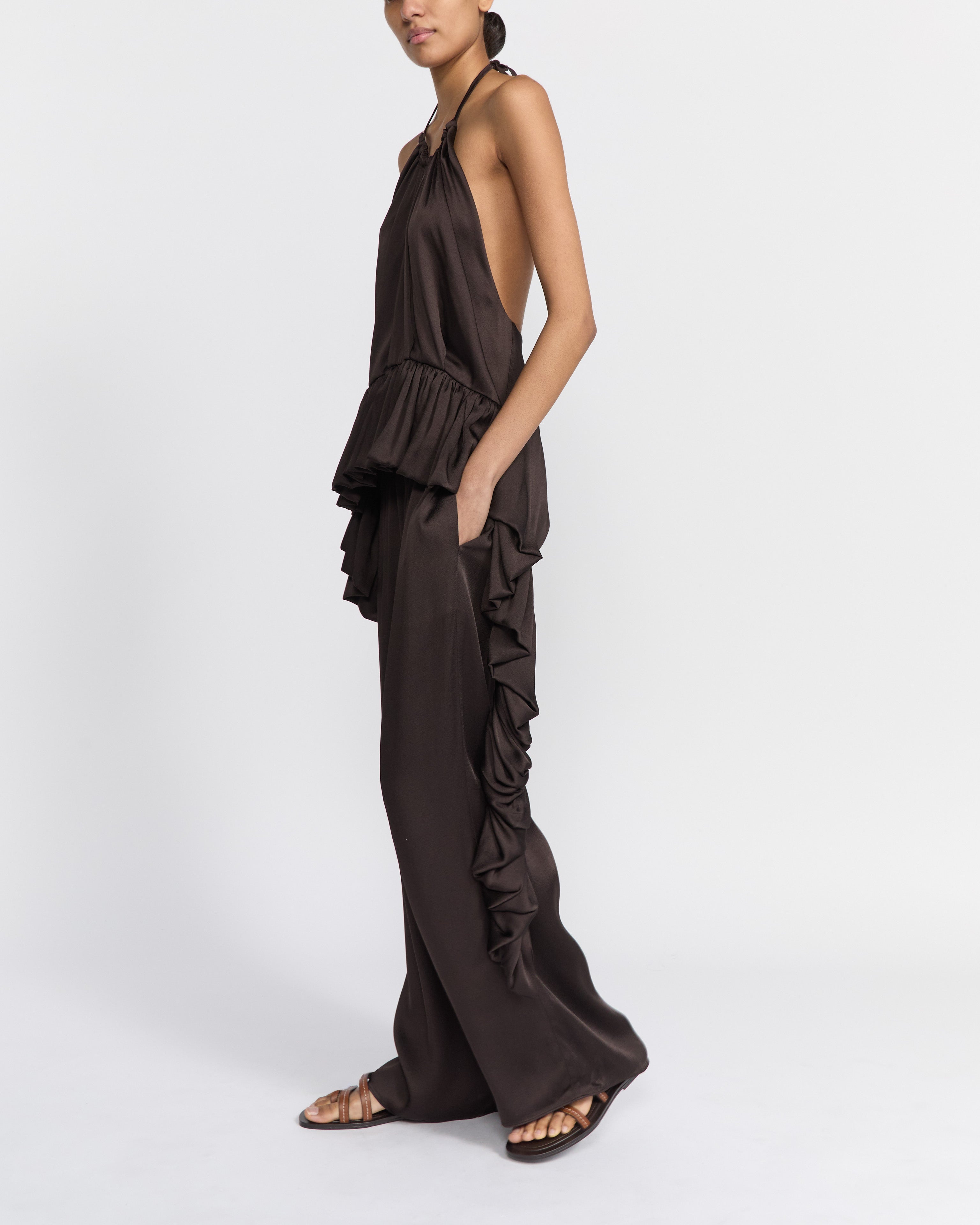TAMARA PEPLUM TOP CHOCOLATE SATIN – LIBEROWE