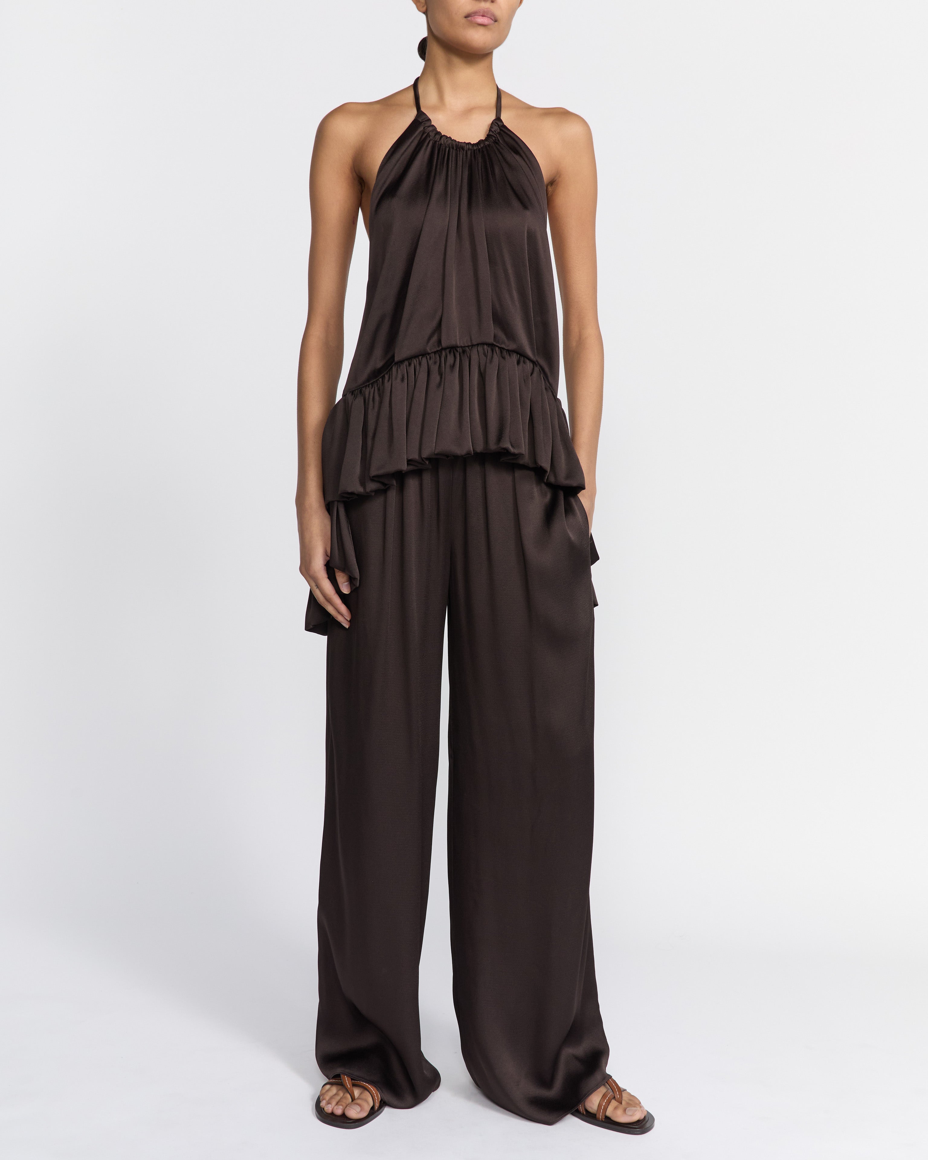 TAMARA PEPLUM TOP CHOCOLATE SATIN – LIBEROWE