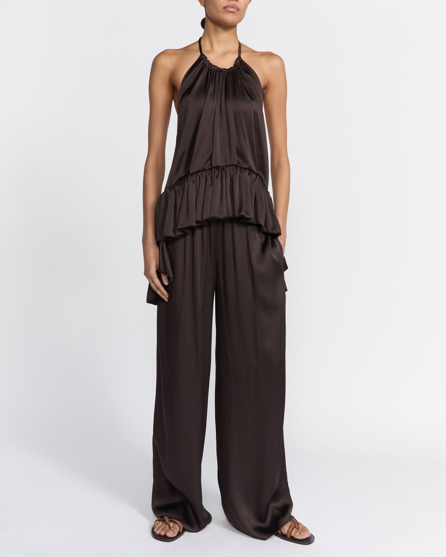 TAMARA PEPLUM TOP CHOCOLATE SATIN