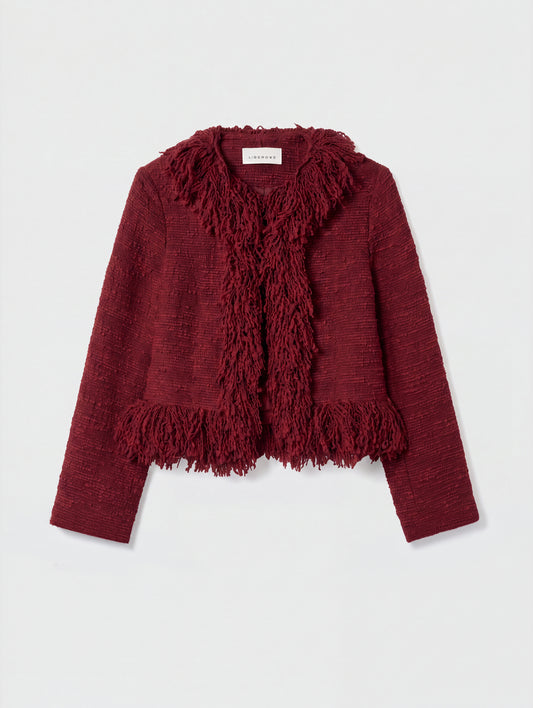CROPPED FRINGE JACKET IN BERRY RED