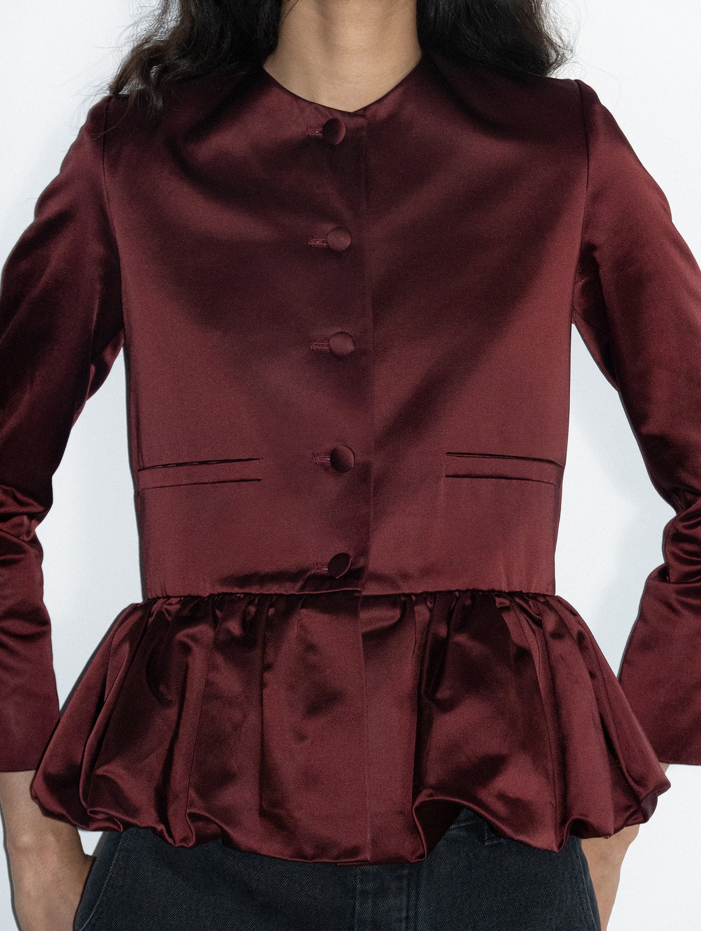 SATIN DUTCHESS BURGUNDY PEPLUM JACKET